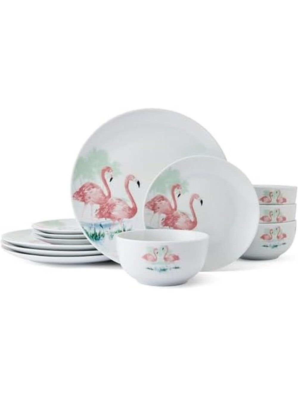 Tropical Flamingo 12-Piece Dinnerware Set, Plates & Bowls for 4, Fun Tableware